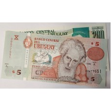 URUGUAY 1986-1998 . FIVE 5 and TWO HUNDRED 200 PESOS BANKNOTES